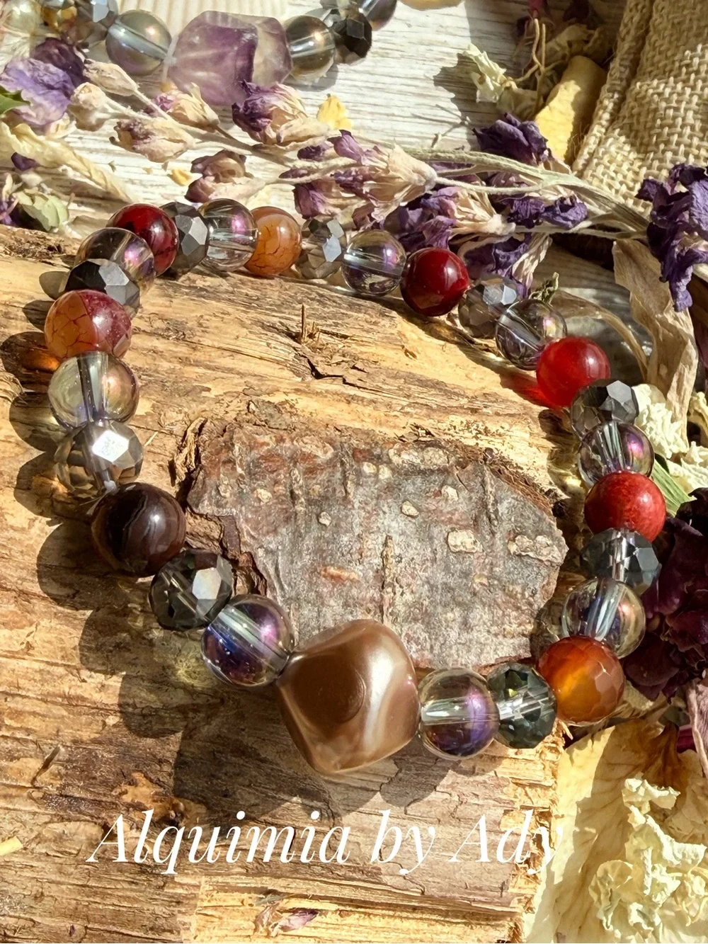 Red carnelian + Aura Multicolor Beaded Stretch Bracelet with Brown Focal Bead